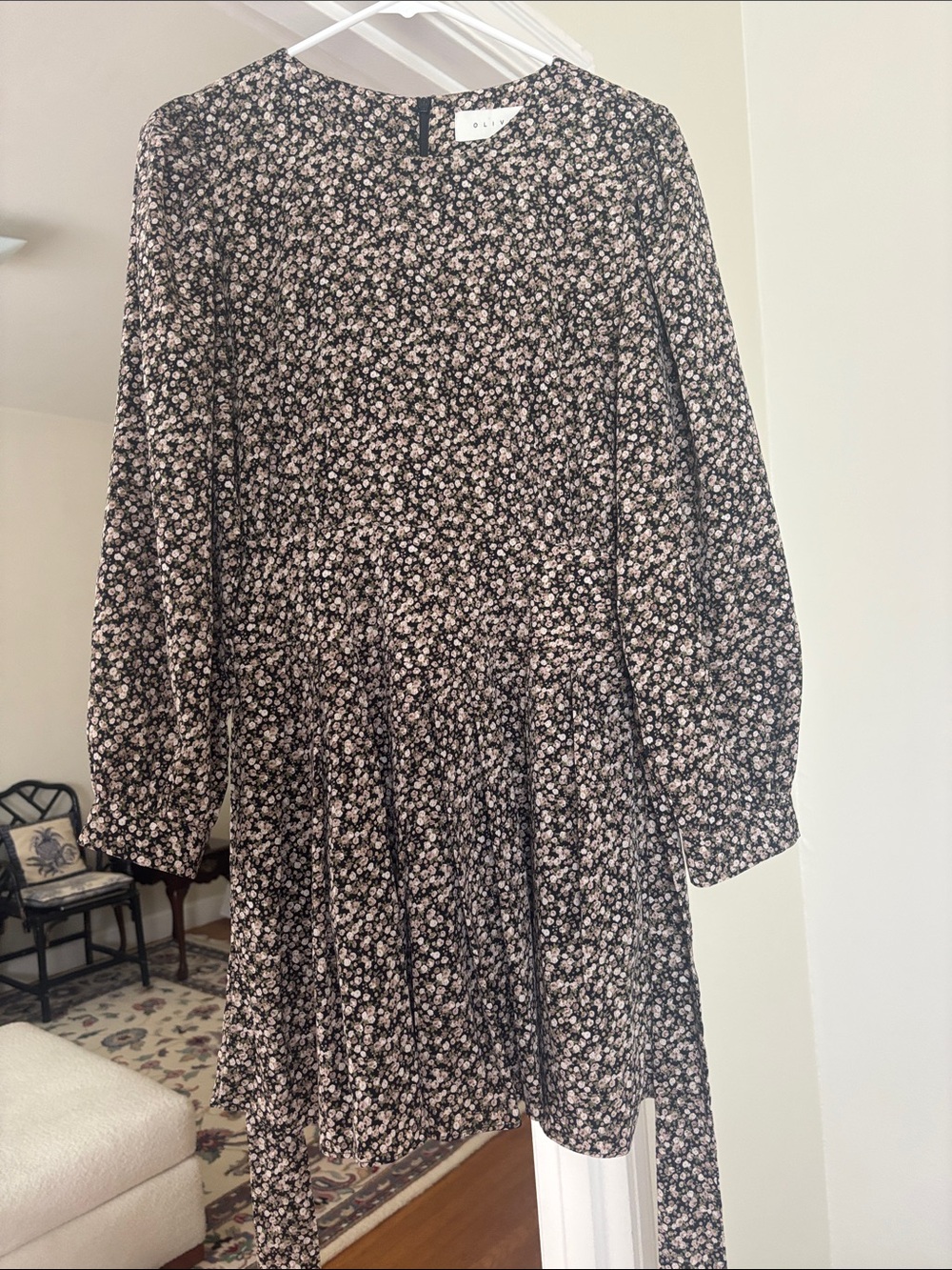 Black Floral Long-Sleeve Tiered Mini Dress
